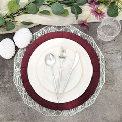 10-Pack Disposable Round Charger Plates in Burgundy with Leathery Texture - Durable 1100GSM Cardboard Placemats 13"