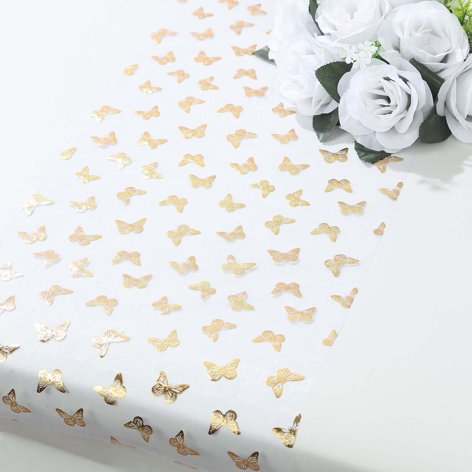 5 Pack Sheer Organza 11"x108" Table Runner Rolls White Disposable with Metallic Gold Foil Butterflies Motifs
