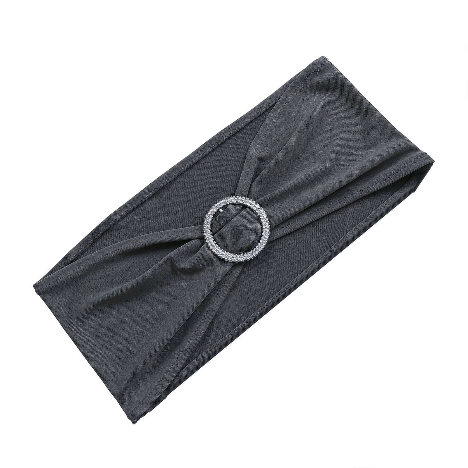 5 Pack Stretch Spandex Chair Sashes Charcoal Gray - Reusable Chair Bands with Silver Diamond Ring Slide Buckle 5"x14"