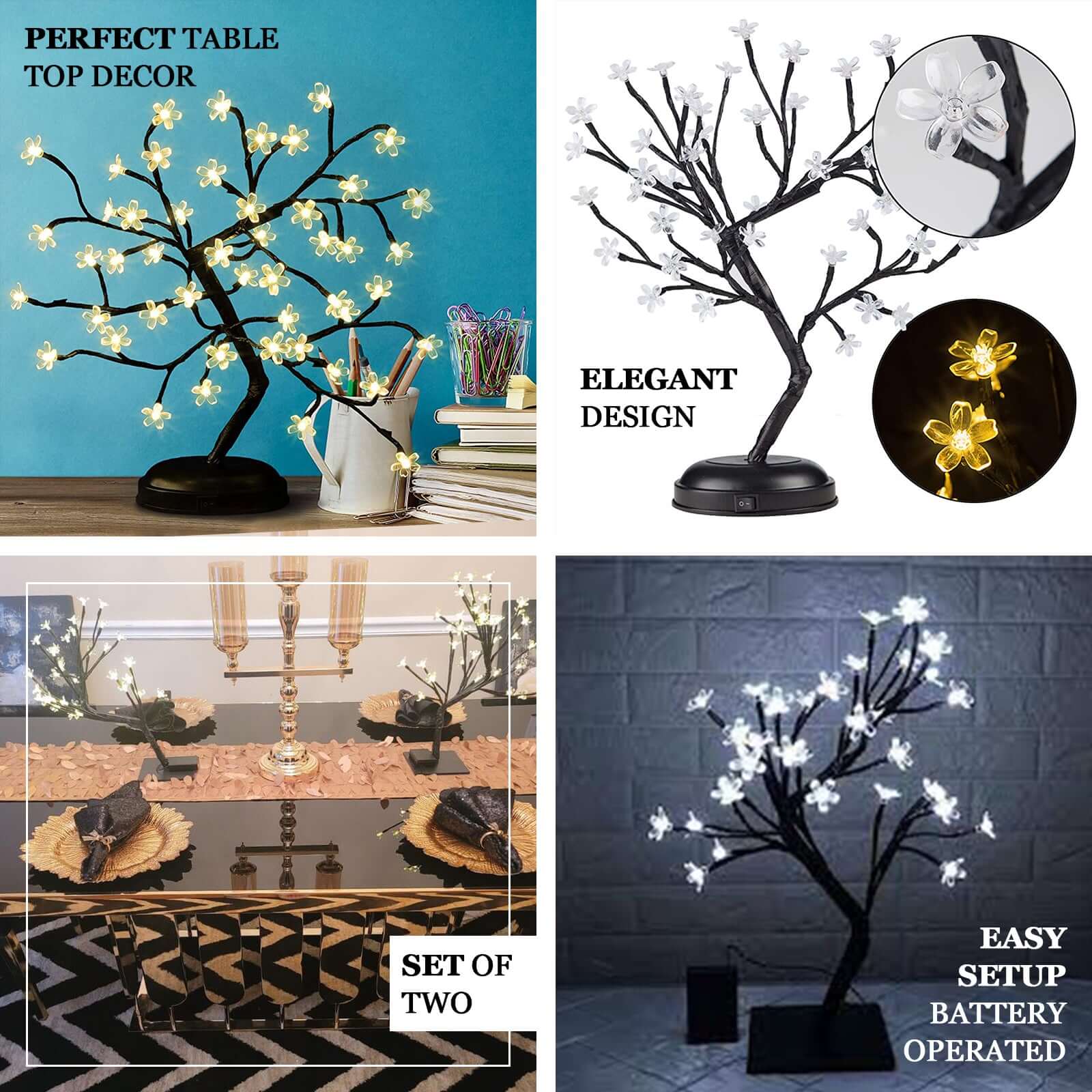 2-Pack Artificial Tree Centerpieces Cherry Blossom Design Black with 36 Warm White LEDs - Battery Operated Table Décor