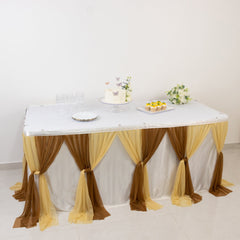 14ft Sheer Pleated Ruffle Skirting Chiffon Table Skirt - Champagne and Gold, Shimmer Sheer, Wrinkle-Free Fabric