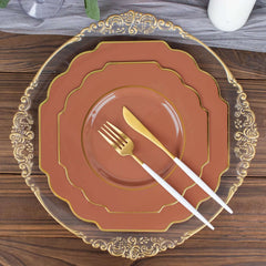 10-Pack Plastic Dessert Appetizer Plates in Terracotta (Rust) Baroque Design with Scalloped Gold Rim - Heavy Duty Disposable Salad Plates 8"