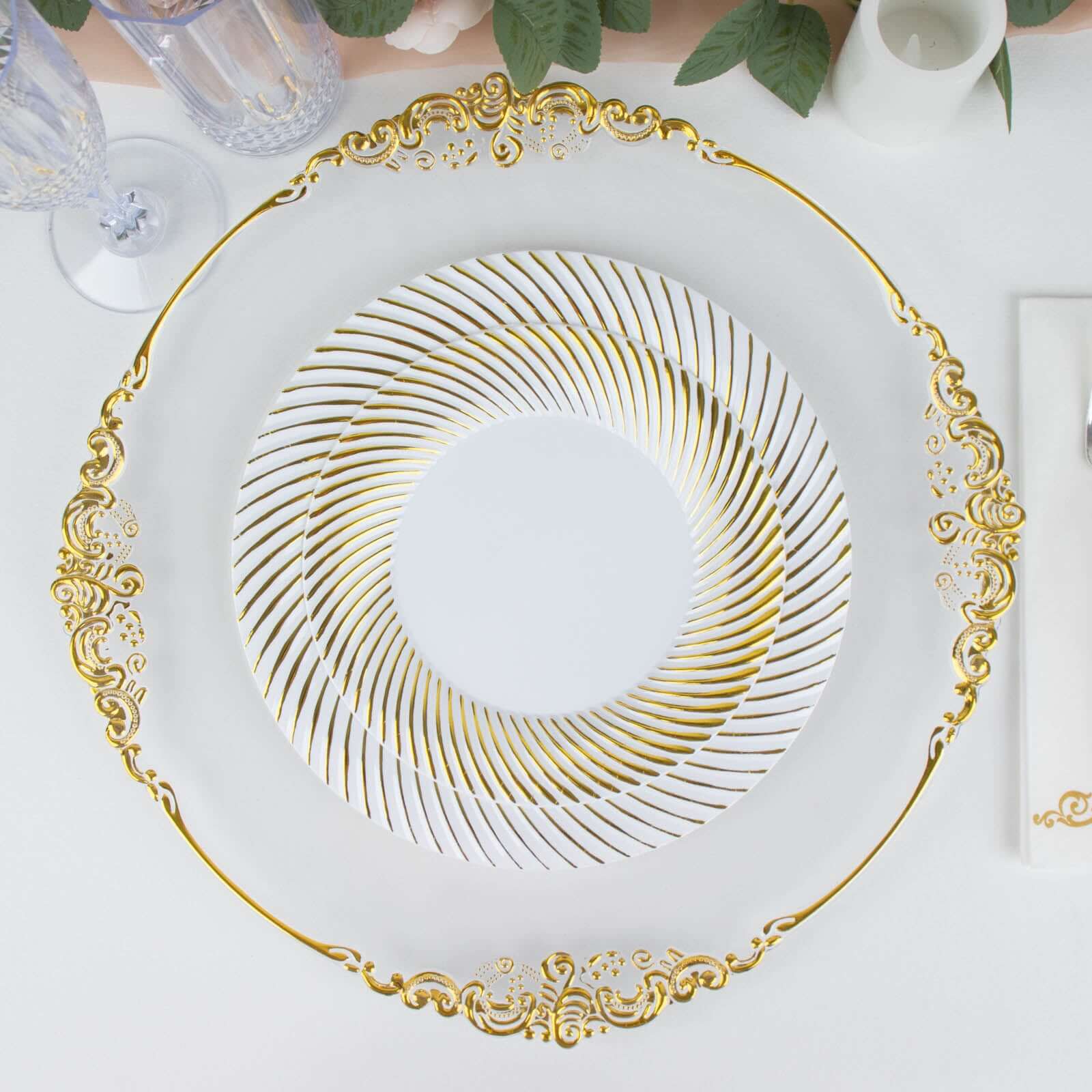 10-Pack Plastic 7" Round Dessert Plates in White with Gold Swirl Rim - Disposable Salad Plates for Classy Events & Banquets