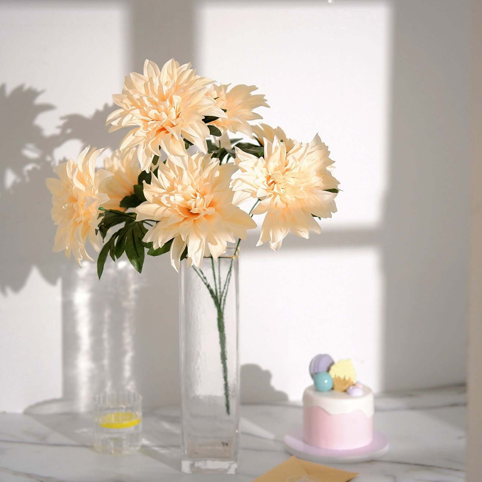 2 Bushes 20" Cream Large Head Artificial Dahlia Bouquet, Silk Bridal Flower Decorations