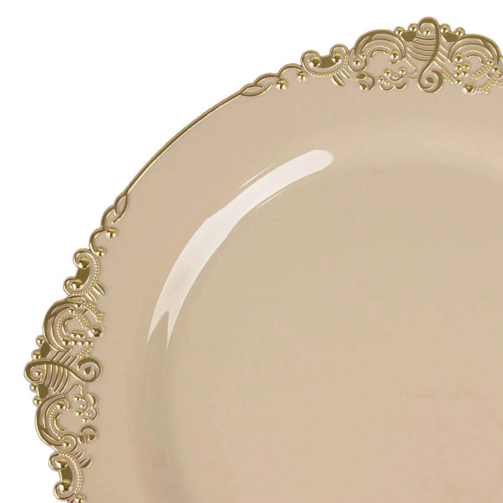 10-Pack Plastic 8" Round Dessert Plates in Taupe with Gold Leaf Embossed Rim - Disposable Vintage Baroque Style Salad Plates