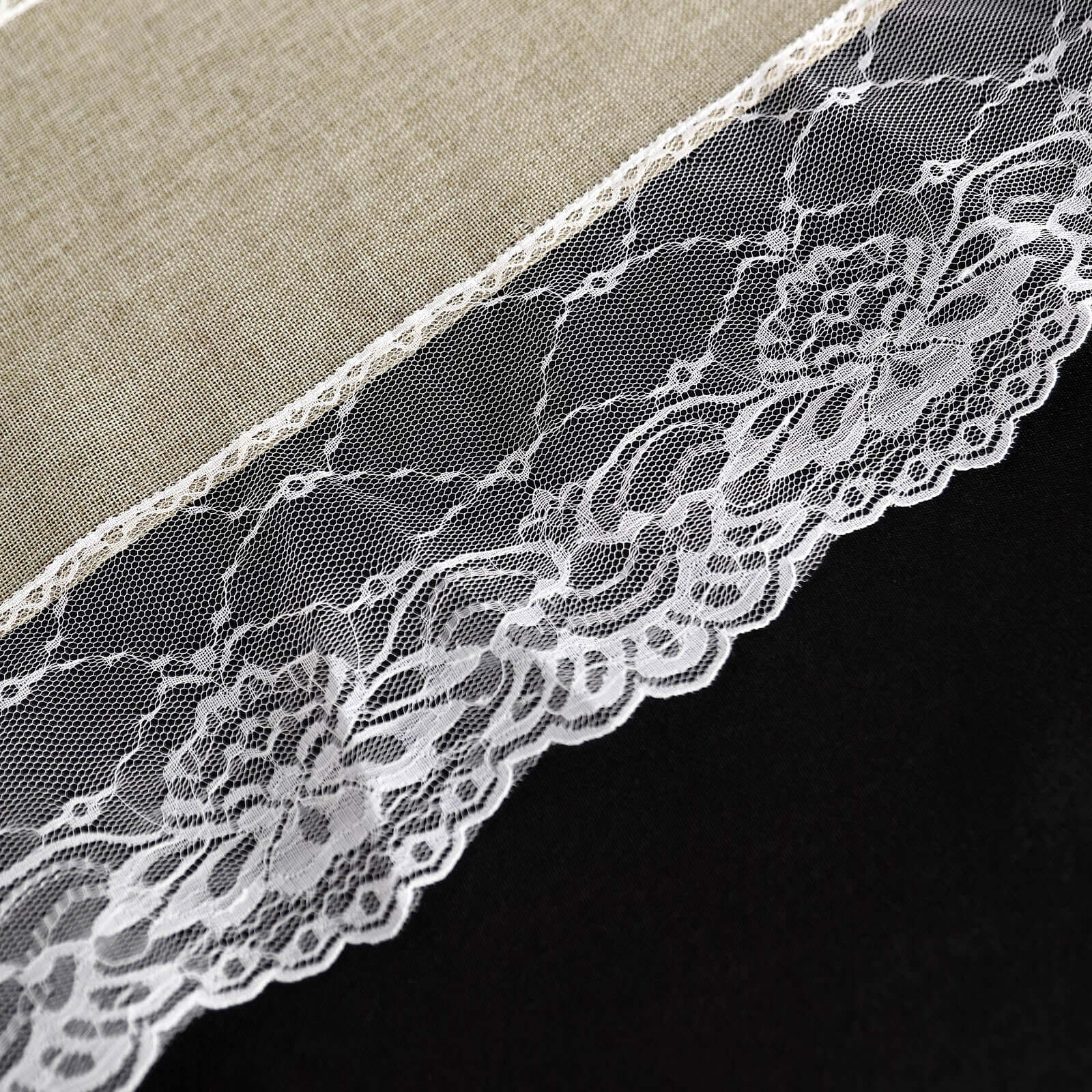 Faux Burlap Jute 16"x108" Table Runner Taupe With White Lace Edging - Rustic Farmhouse Table Linen