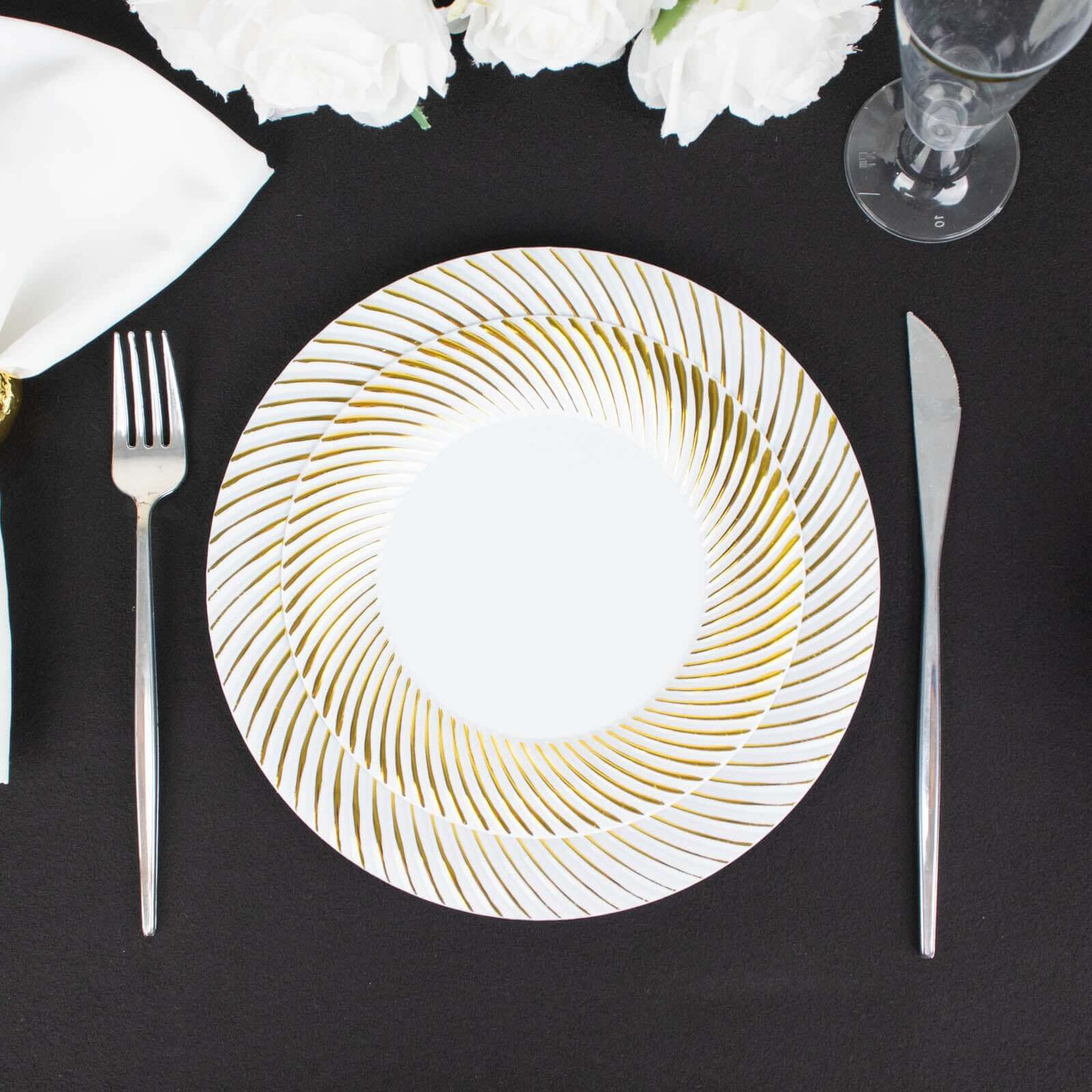 10-Pack Plastic 7" Round Dessert Plates in White with Gold Swirl Rim - Disposable Salad Plates for Classy Events & Banquets