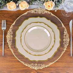 10-Pack Plastic 8" Round Dessert Plates in Taupe with Gold Scalloped Rim - Disposable Appetizer/Salad Plates