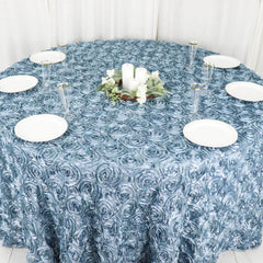 Satin 120" Round Tablecloth Dusty Blue - Grandiose 3D Rosette with Seamless Finish Table Cover