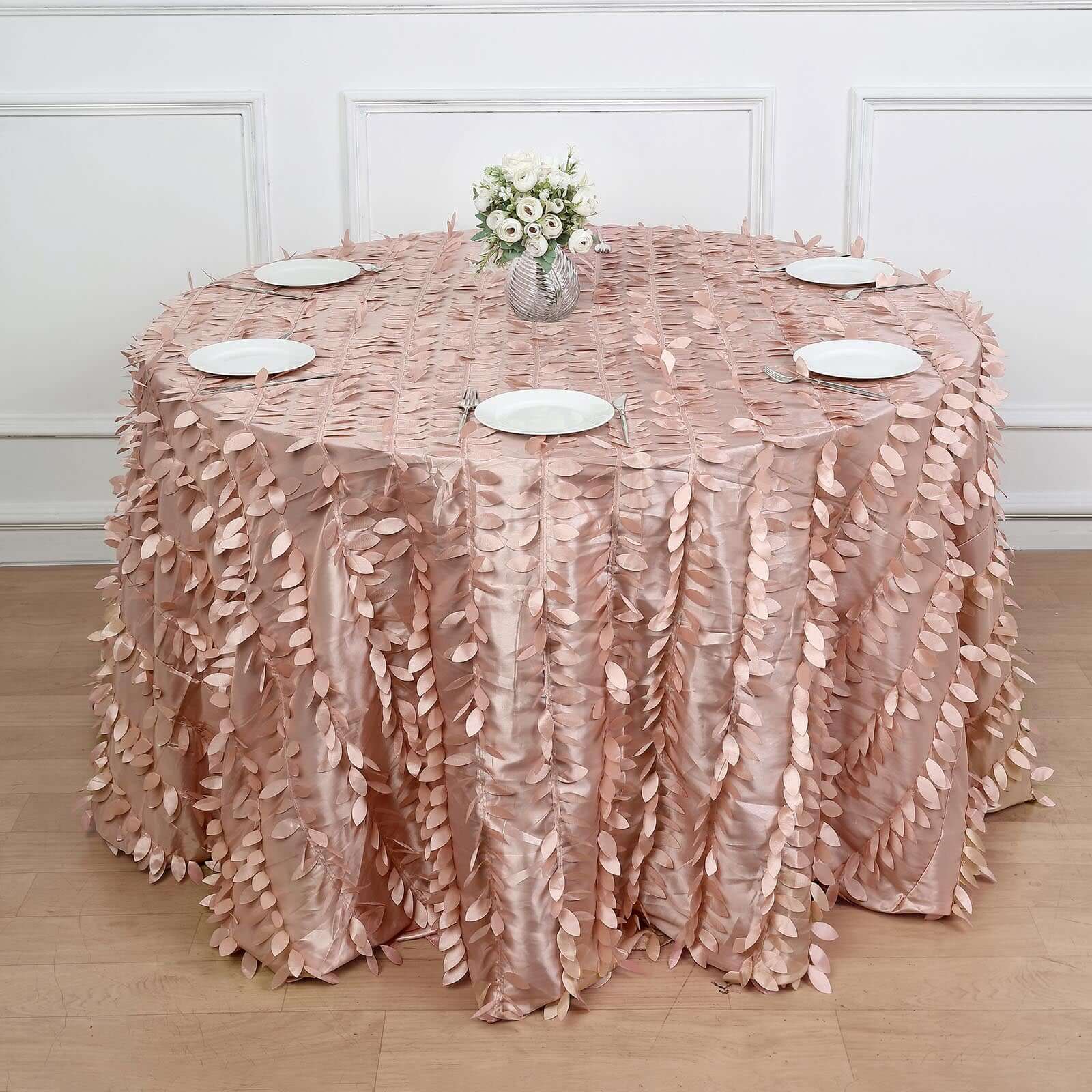 Taffeta 120" Round Tablecloth Dusty Rose | 3D Leaf Petal Design Seamless Table Cover
