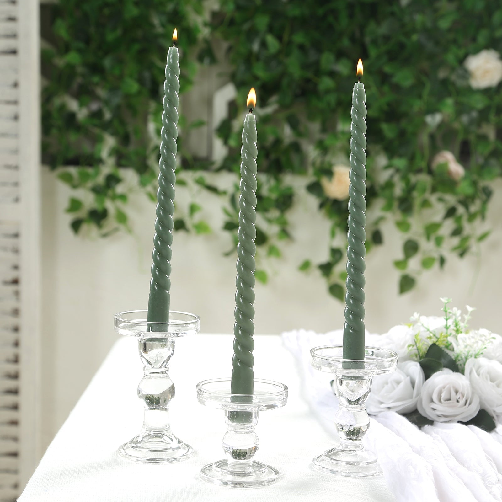 12 Pack 11" Dusty Sage Green Premium Unscented Spiral Wax Taper Candles, Long Burn Wick Dinner Candle Sticks