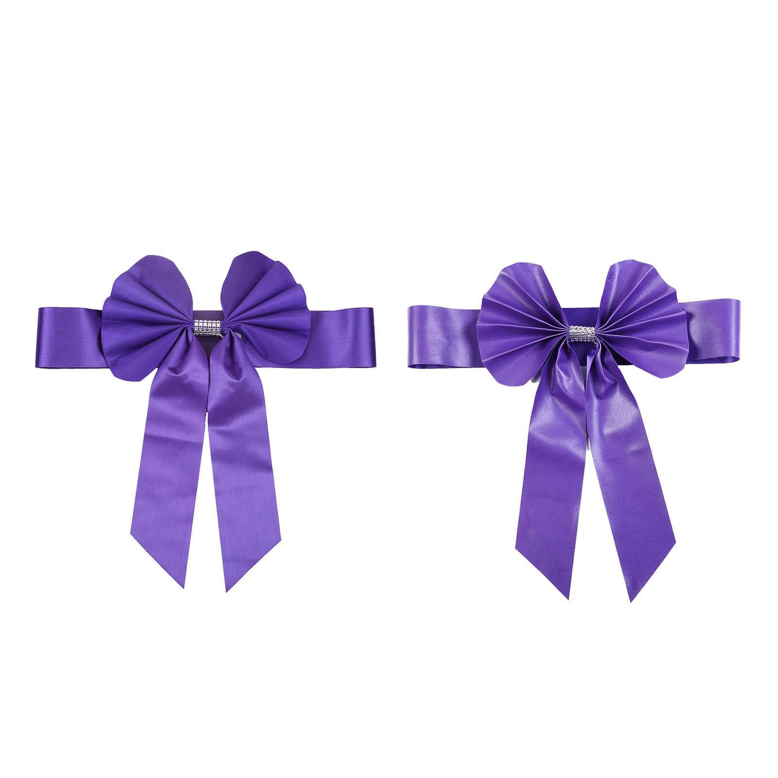 5 Pack Satin Faux Leather Chair Sashes Purple - Durable Double Sided Pre-tied Bow Tie Chair Bands with Diamond Rhinestone Buckles