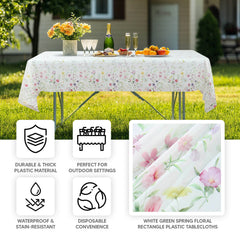 5-Pack Plastic Tablecloths White/Green Spring Floral Rectangle with Wild Flowers Butterfly Print - Durable PVC Disposable Table Covers 54"x108"