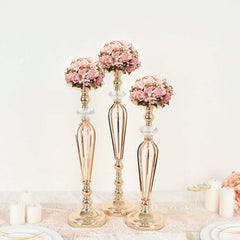Set of 3 Metal Pedestal Stands with Crystal Ball Flower Bowl Design Gold - Pillar Candle Holders 20", 23", 25"