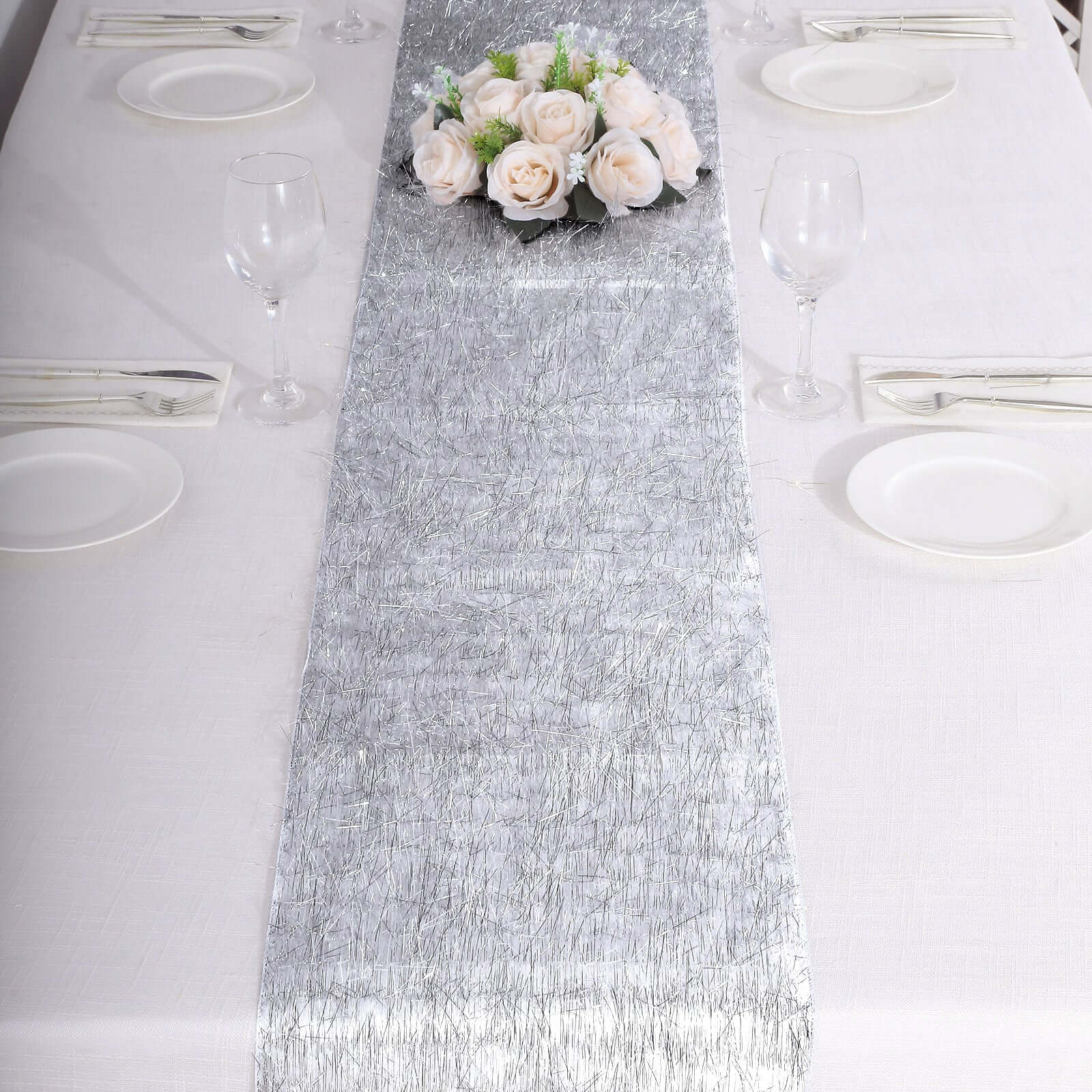 Metallic Tinsel Polyester 12"x108" Table Runner Silver - Shimmery Fringe Shag Table Decor