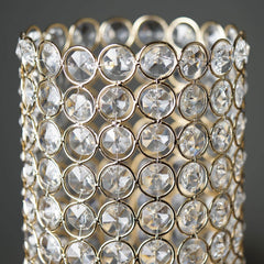 Full Crystal Beaded Candle Holder Shiny Gold Metal - Stylish Pillar Stand for Weddings 16"
