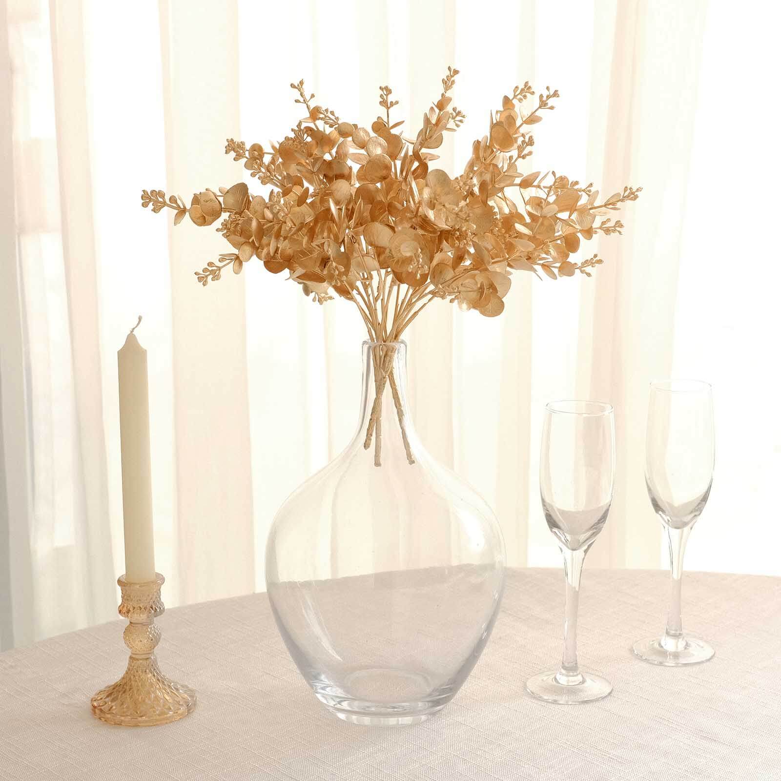 4-Pack Artificial Eucalyptus Leaves Decor Metallic Gold - Vibrant Faux Plant Spray Bush for Bridal Bouquets Floral Arrangements & Event Styling 12"