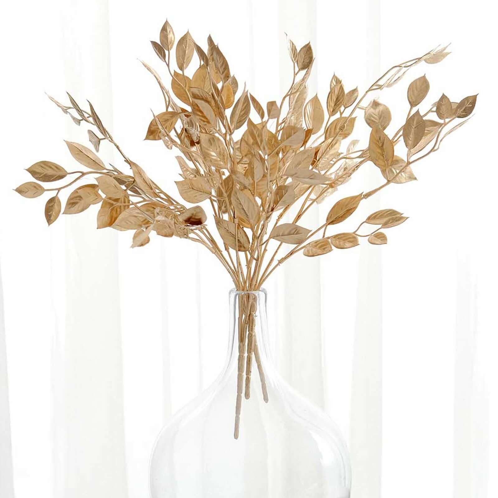 4-Pack Artificial Italian Ruscus Leaves Branches Metallic Gold - Flexible Faux Spray Plant Stem Vase Fillers for Exquisite Tablescapes & Floral Displays 14"
