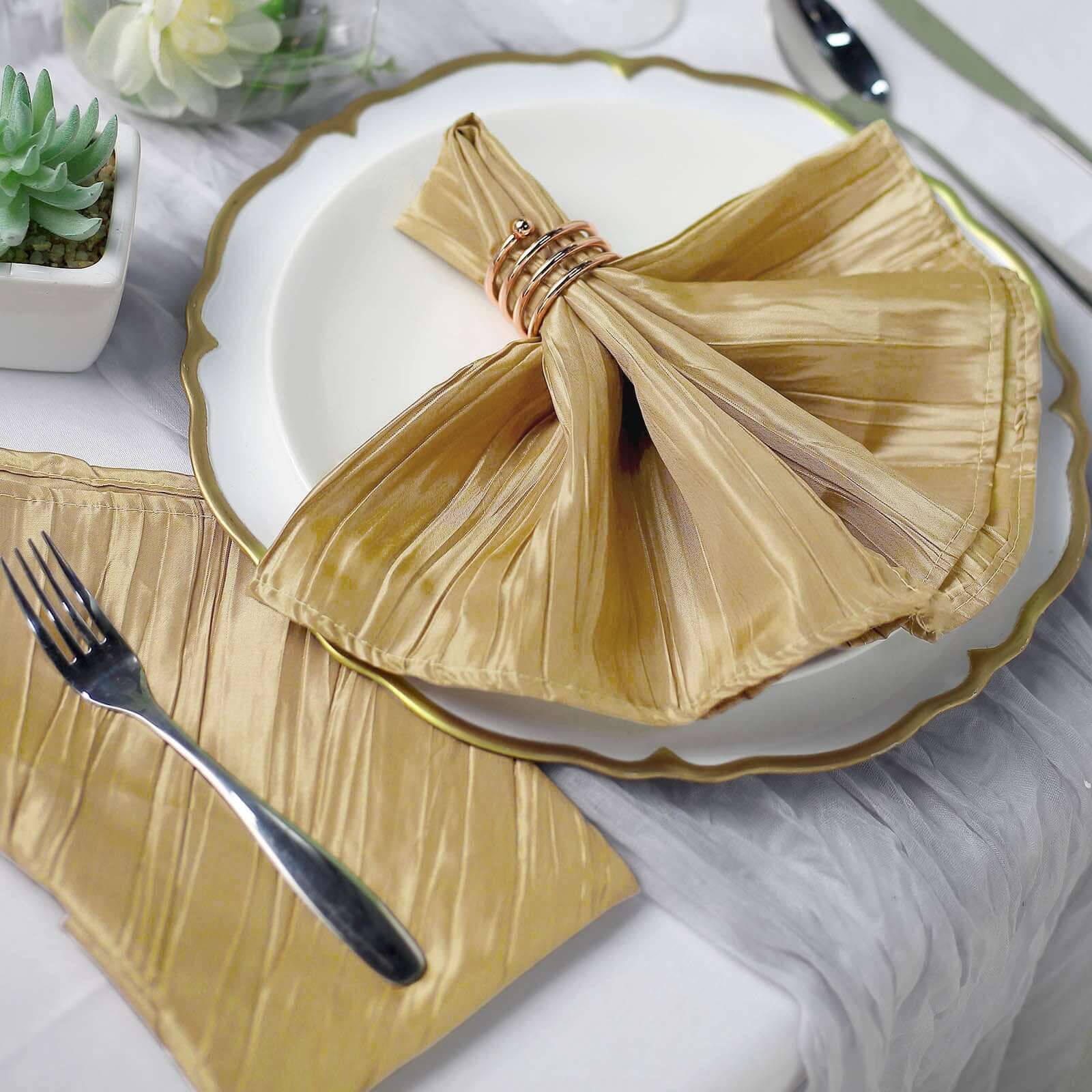 5 Pack Taffeta 20"x20" Napkins Gold - Accordion Crinkle Style Dinner Napkins for Upscale Dining