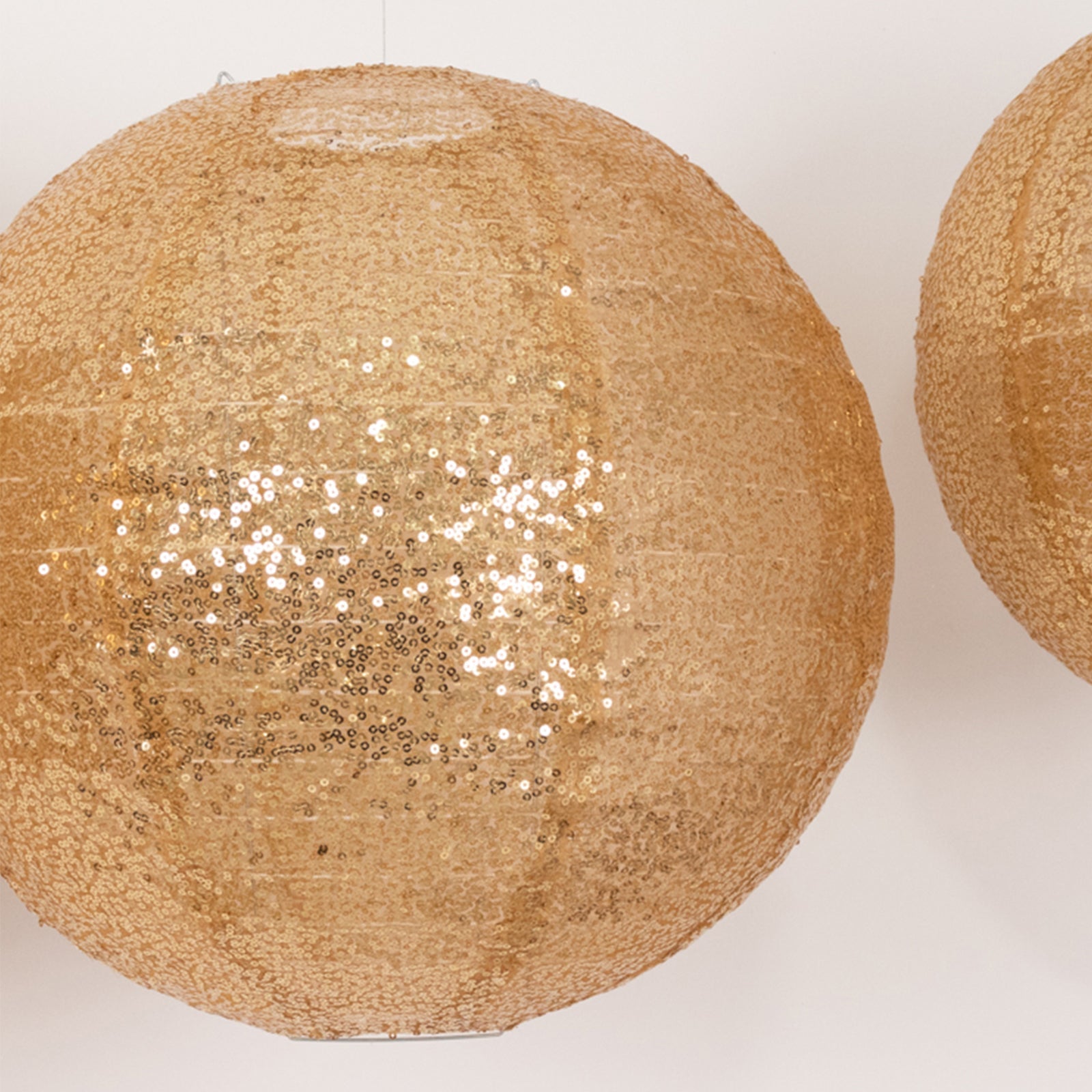 Set of 3 Glitter Gold Sequin Fabric Hanging Lanterns, Large Decorative Round Foldable Chinese Lantern Lampshades - 14",16",20"
