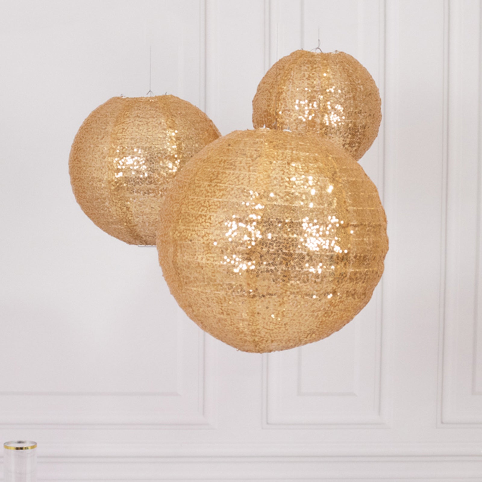 Set of 3 Glitter Gold Sequin Fabric Hanging Lanterns, Decorative Round Foldable Chinese Lantern Lampshades - 8",10",12"