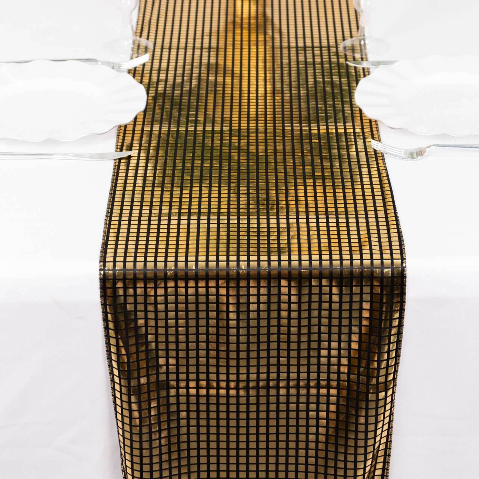 Mirror Foil Polyester 12"x108" Table Runner Black with Gold Metallic Square - Shiny Disco Theme Party Table Decor