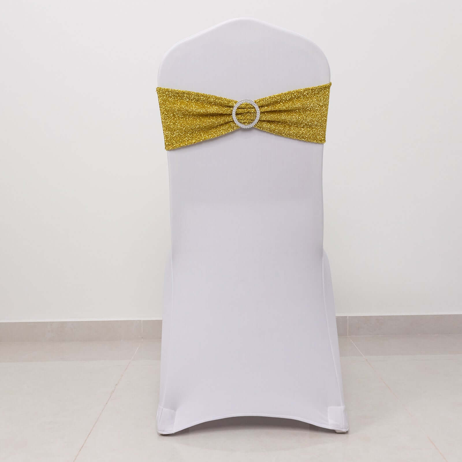 5 Pack Chair Sashes Shimmer Tinsel Spandex 5"x12" with Silver Rhinestone Buckles Gold - Stylish Decor for Weddings