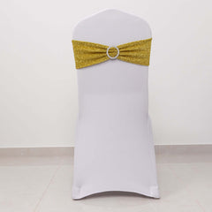 5 Pack Chair Sashes Shimmer Tinsel Spandex 5"x12" with Silver Rhinestone Buckles Gold - Stylish Decor for Weddings
