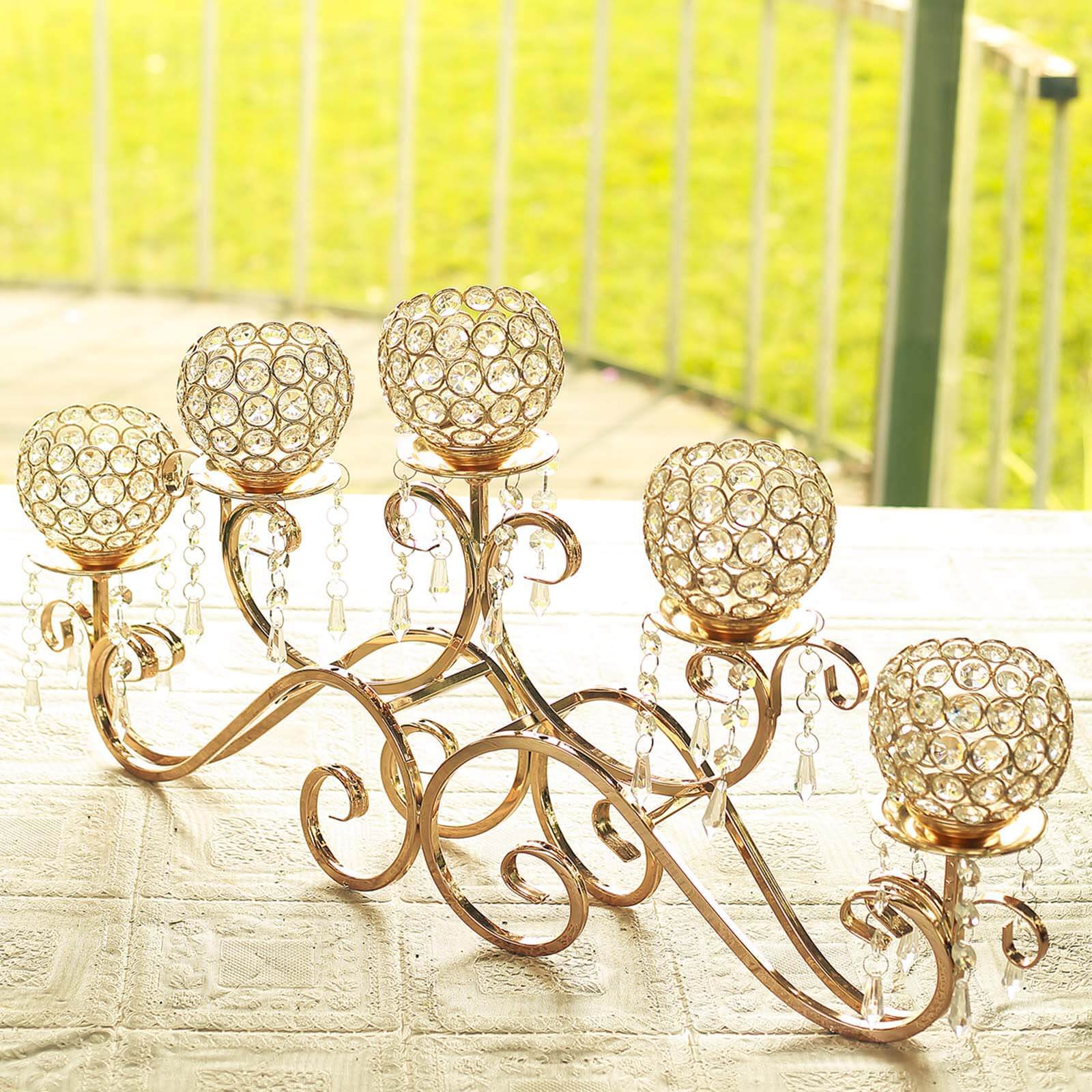 5-Arm Metal Candelabra Horizontal Design with Crystal Goblets Gold - Table Centerpiece for Events 27"
