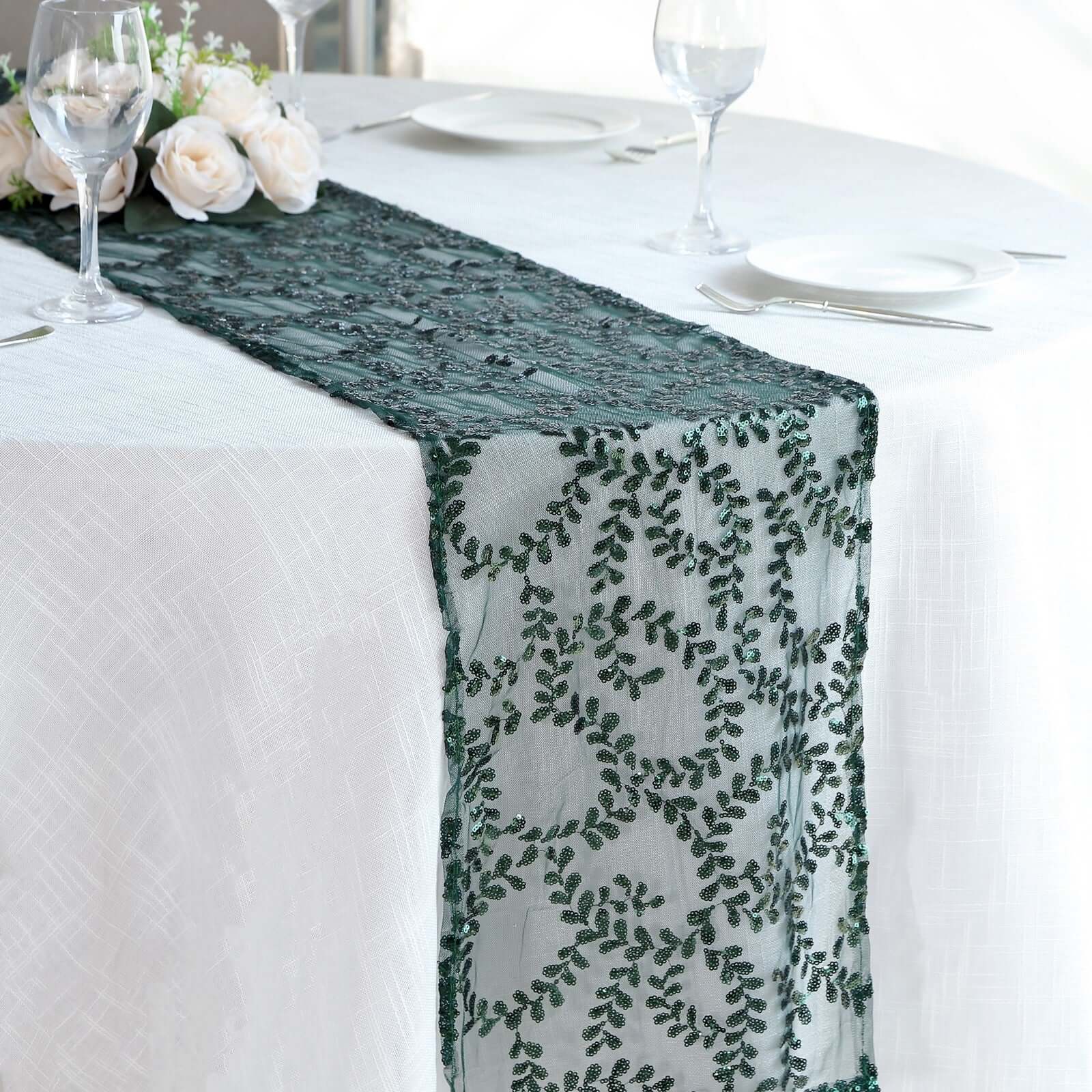 Mesh 12"x108" Table Runner Hunter Emerald Green - Leaf Vine Embroidery
