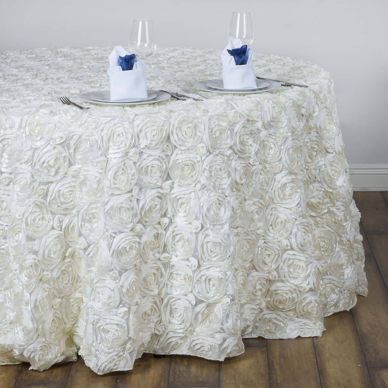 Satin 132" Round Tablecloth Ivory - Seamless Grandiose 3D Rosette Table Cover