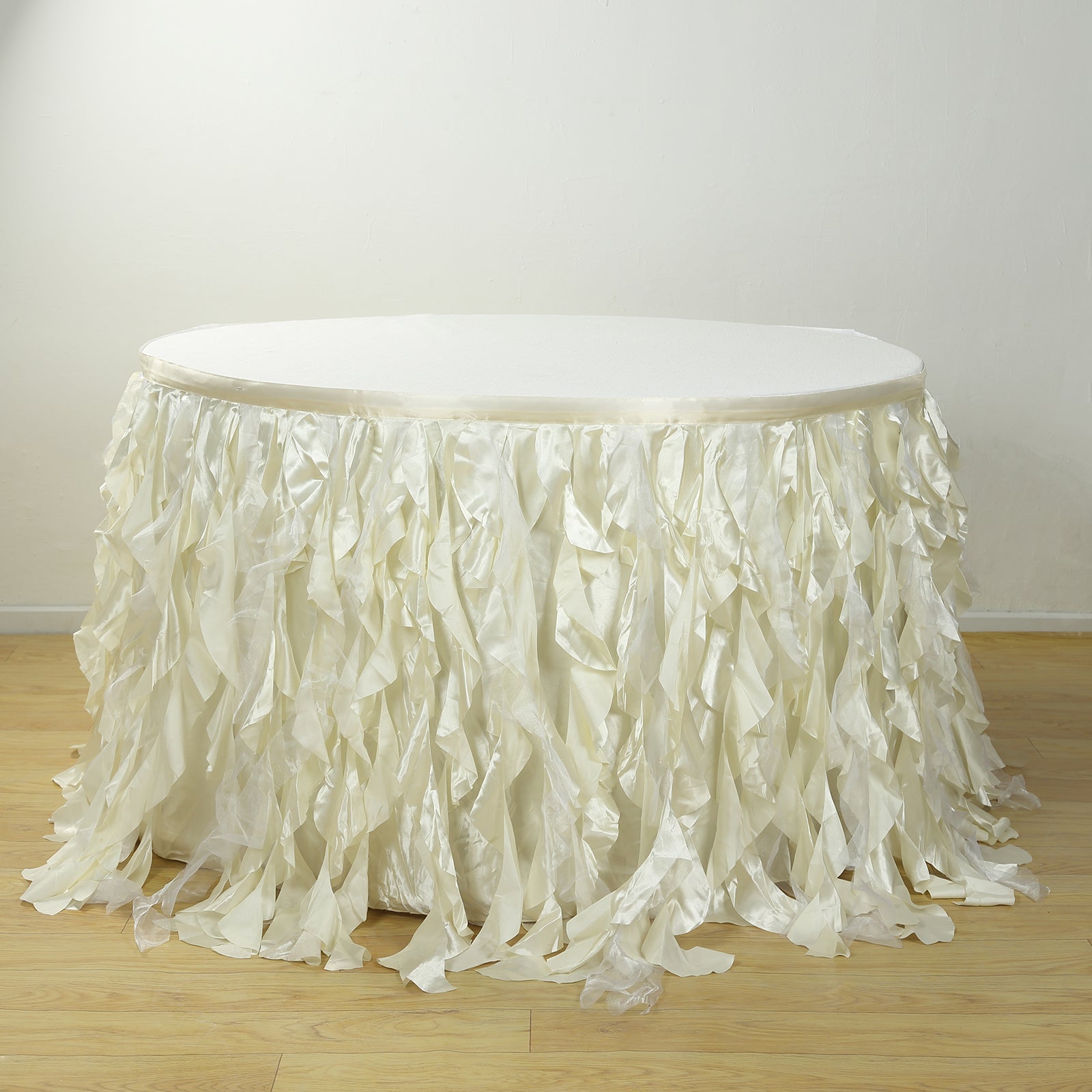 Taffeta 17ft Table Skirt Ivory - Cascading Curly Willow Style Table Cover