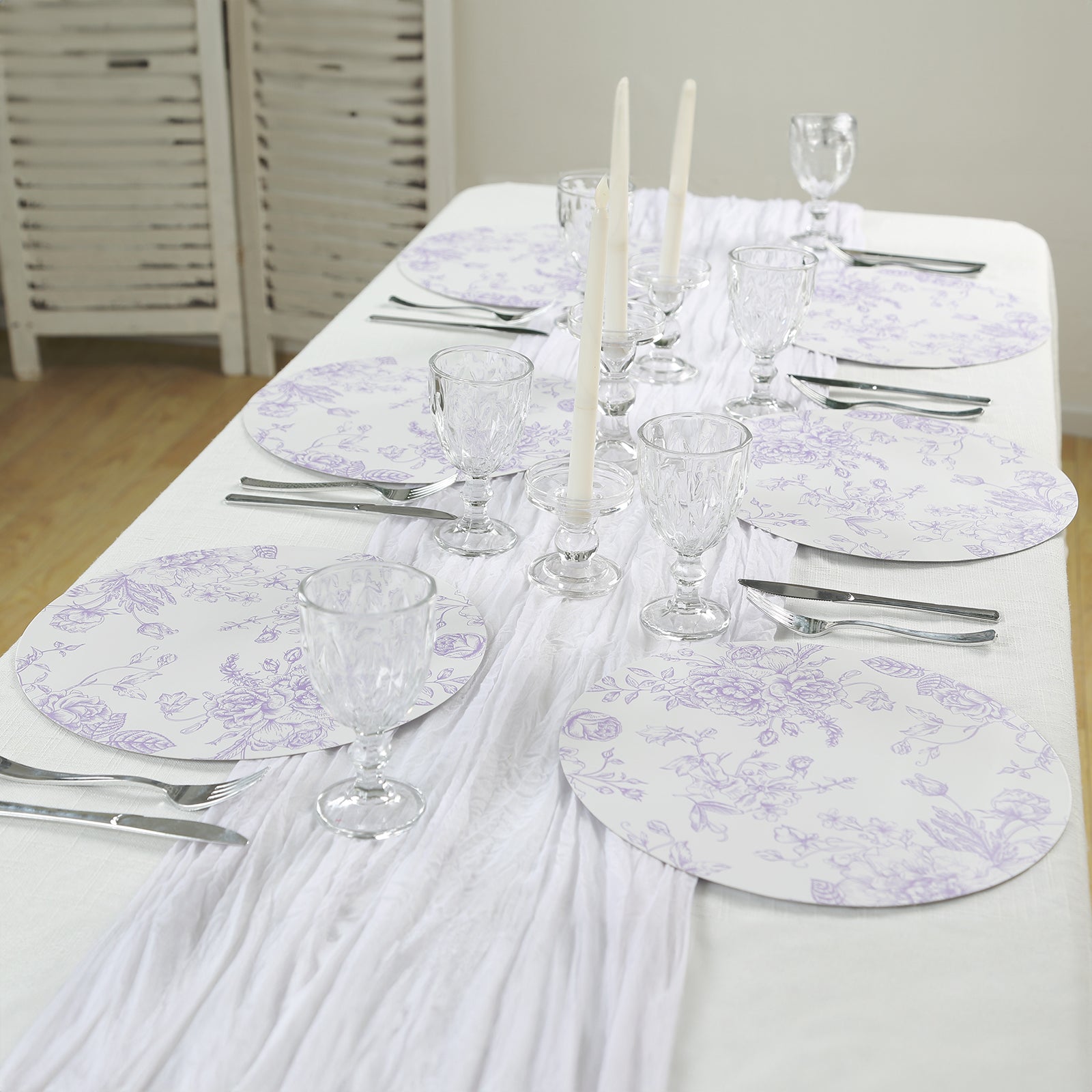 10-Pack Disposable Table Placemats in French Toile Print 13" in White/Matte Lavender - Chic Floral Cardboard Placemats for Stylish Table Setting