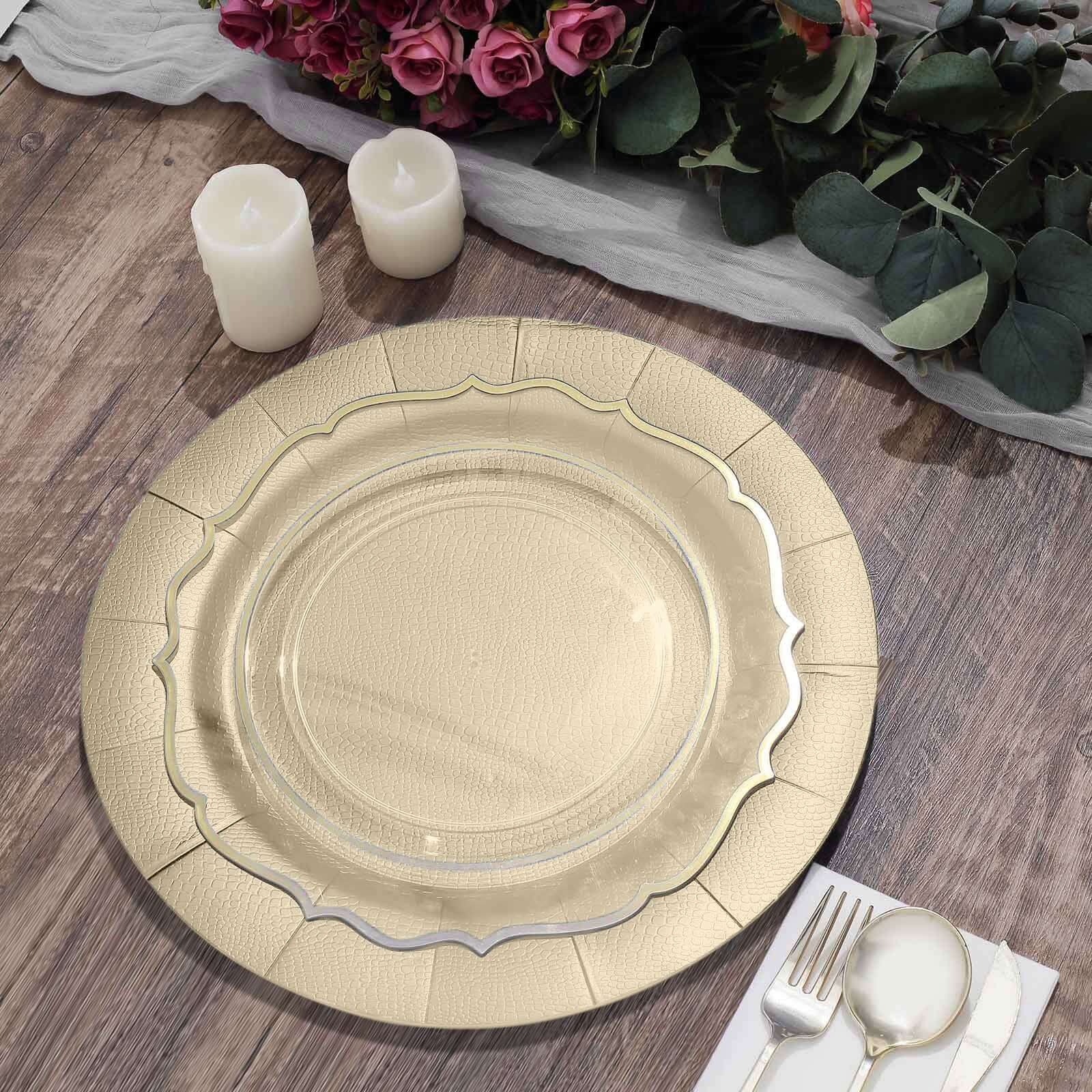 10-Pack Disposable Round Charger Plates in Champagne with Leathery Texture - Durable 1100GSM Cardboard Placemats 13"