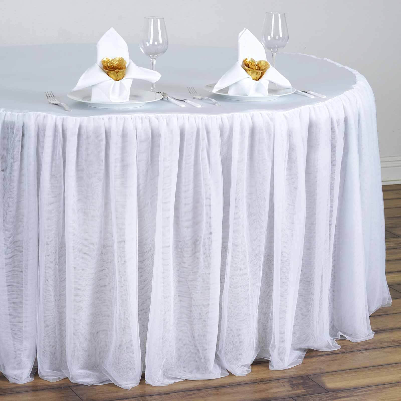 Tulle 120" Round Tablecloth White - 3 Layer Satin Tutu Skirt with Pleated Detailing for Modern Gatherings