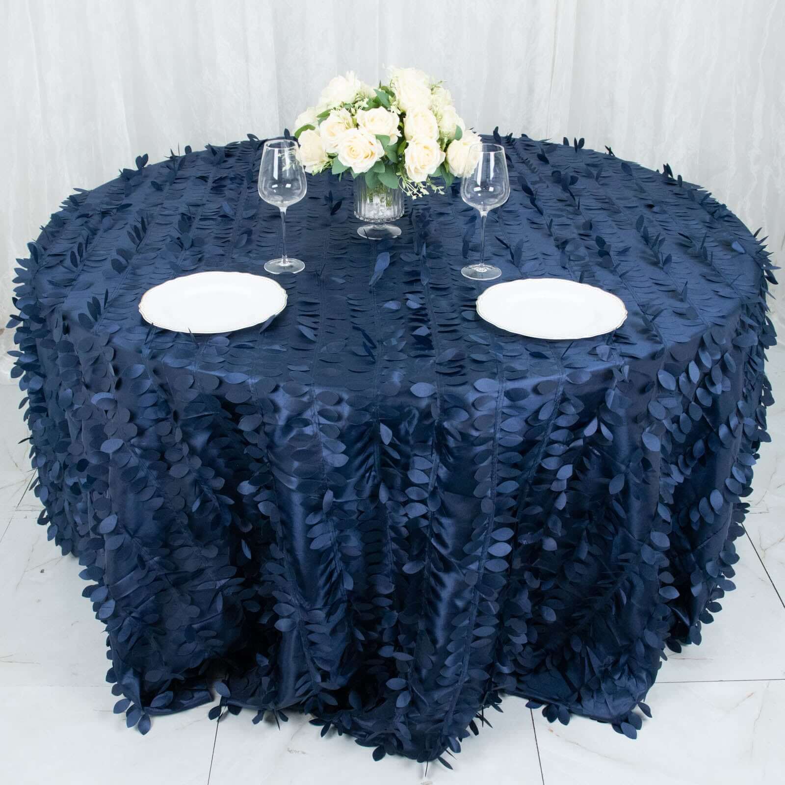 Taffeta 132" Round Tablecloth Navy Blue | 3D Leaf Petal Design Seamless Table Cover