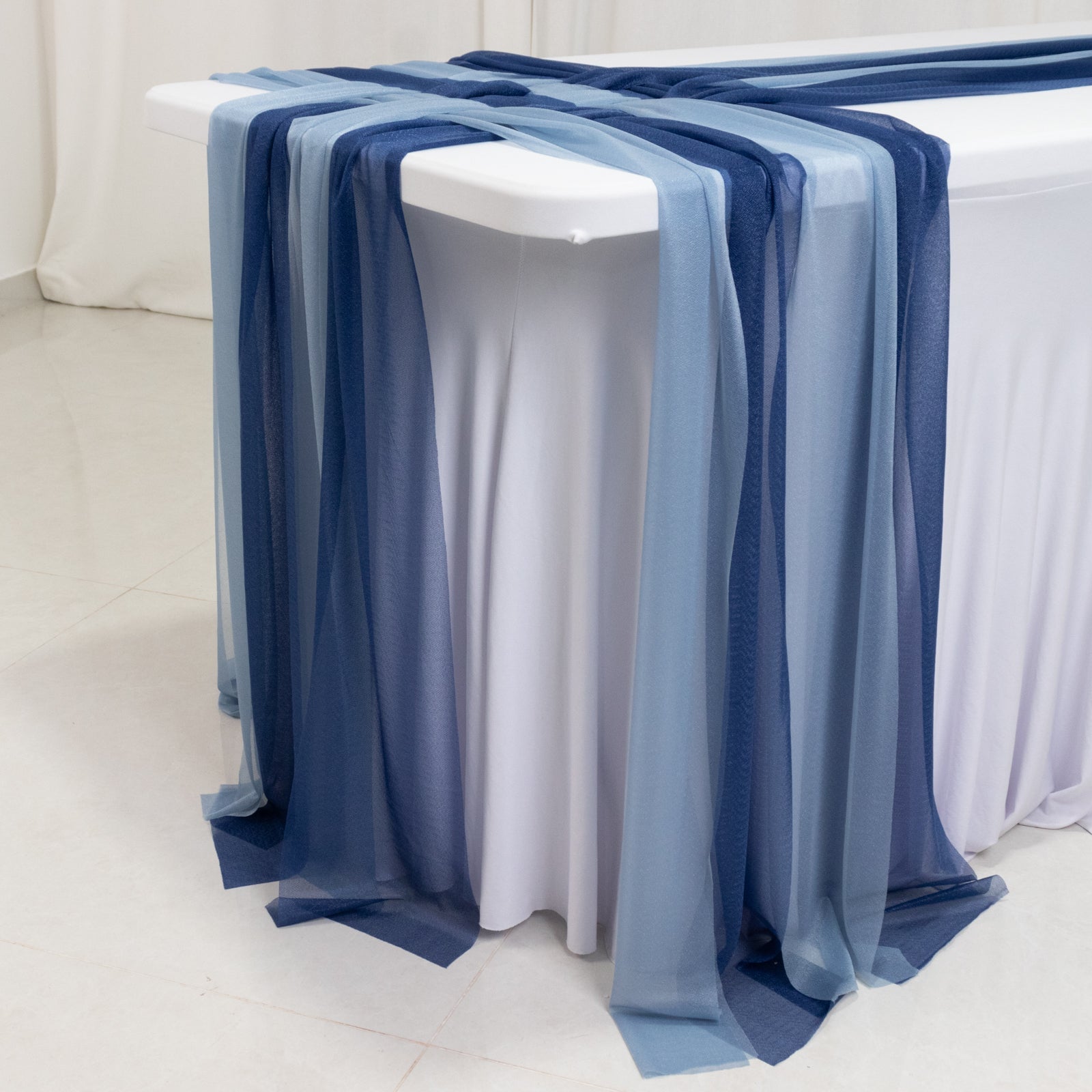 20-Pack 9ft Sheer Table Runners – Navy Blue/Dusty Blue Shimmer Sheer Drapes, Wrinkle-Free