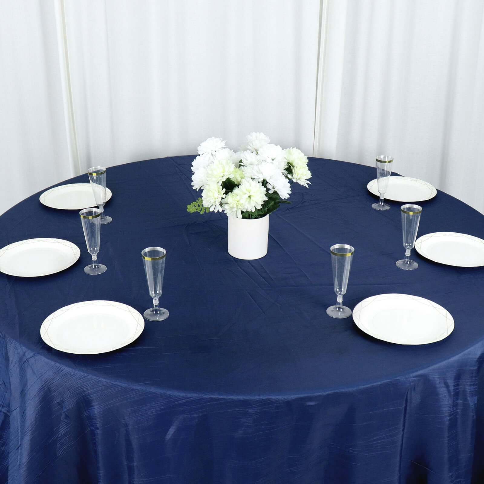 Taffeta 132" Round Tablecloth Navy Blue - Seamless Accordion Crinkle Table Cover