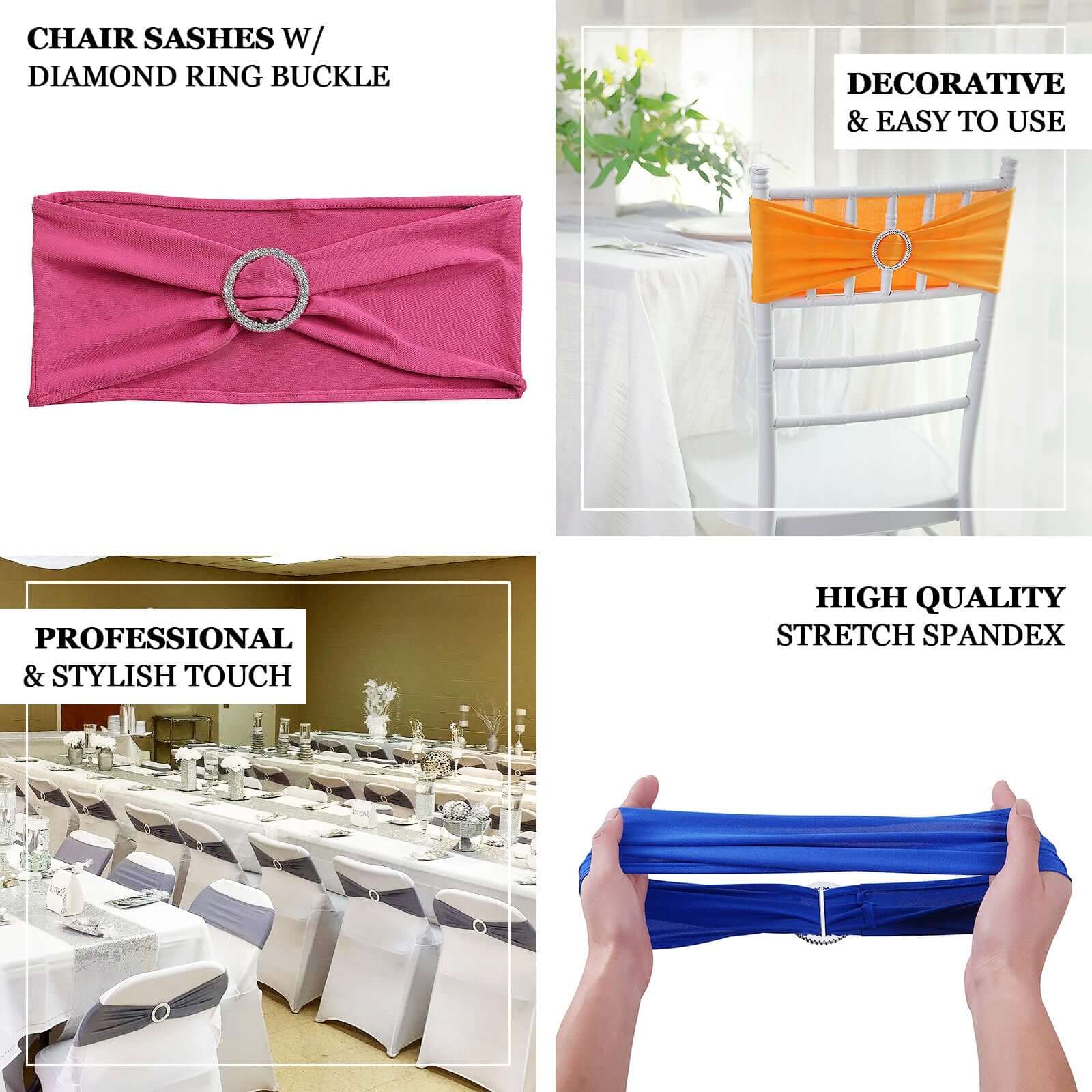 5 Pack Stretch Spandex Chair Sashes Navy Blue - Reusable Chair Bands with Silver Diamond Ring Slide Buckle 5"x14"