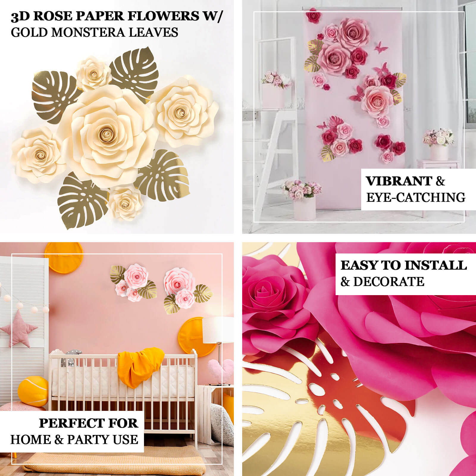 Set of 9 Red 3D Rose Paper Flowers with Gold Tropical Palm Leaves, Party Flower Backdrop Hanging Wall Decor