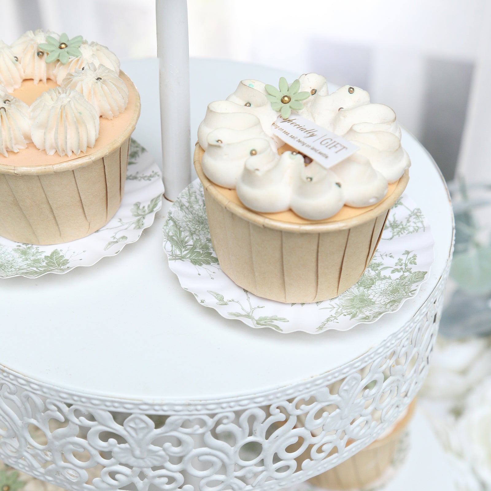 100-Pack Paper 3.5" Round Plates in White with Sage Green French Toile Design & Scalloped Rim - Disposable Mini 250GSM Dessert Party Plates for Tapas, Appetizers & Finger Foods