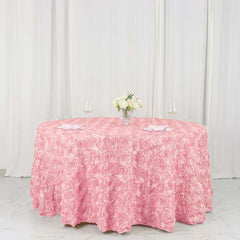 Satin 120" Round Tablecloth Pink - Grandiose 3D Rosette with Seamless Finish Table Cover