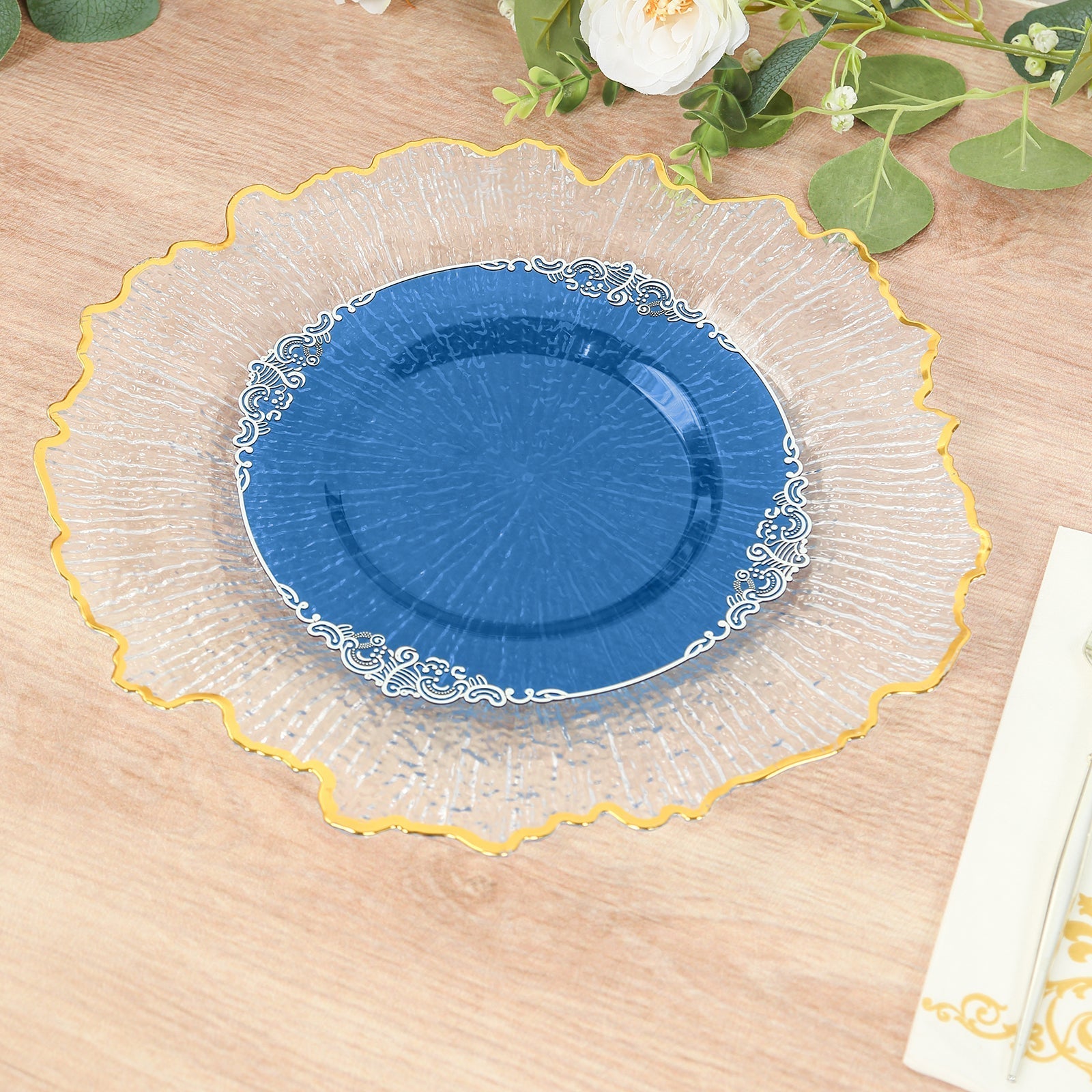 10-Pack Plastic 8" Round Dessert Plates in Transparent Navy Blue with Silver Leaf Embossed Rim - Disposable Vintage Baroque Style Salad Plates