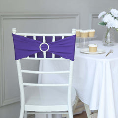 5 Pack Stretch Spandex Chair Sashes Purple - Reusable Chair Bands with Silver Diamond Ring Slide Buckle 5"x14"