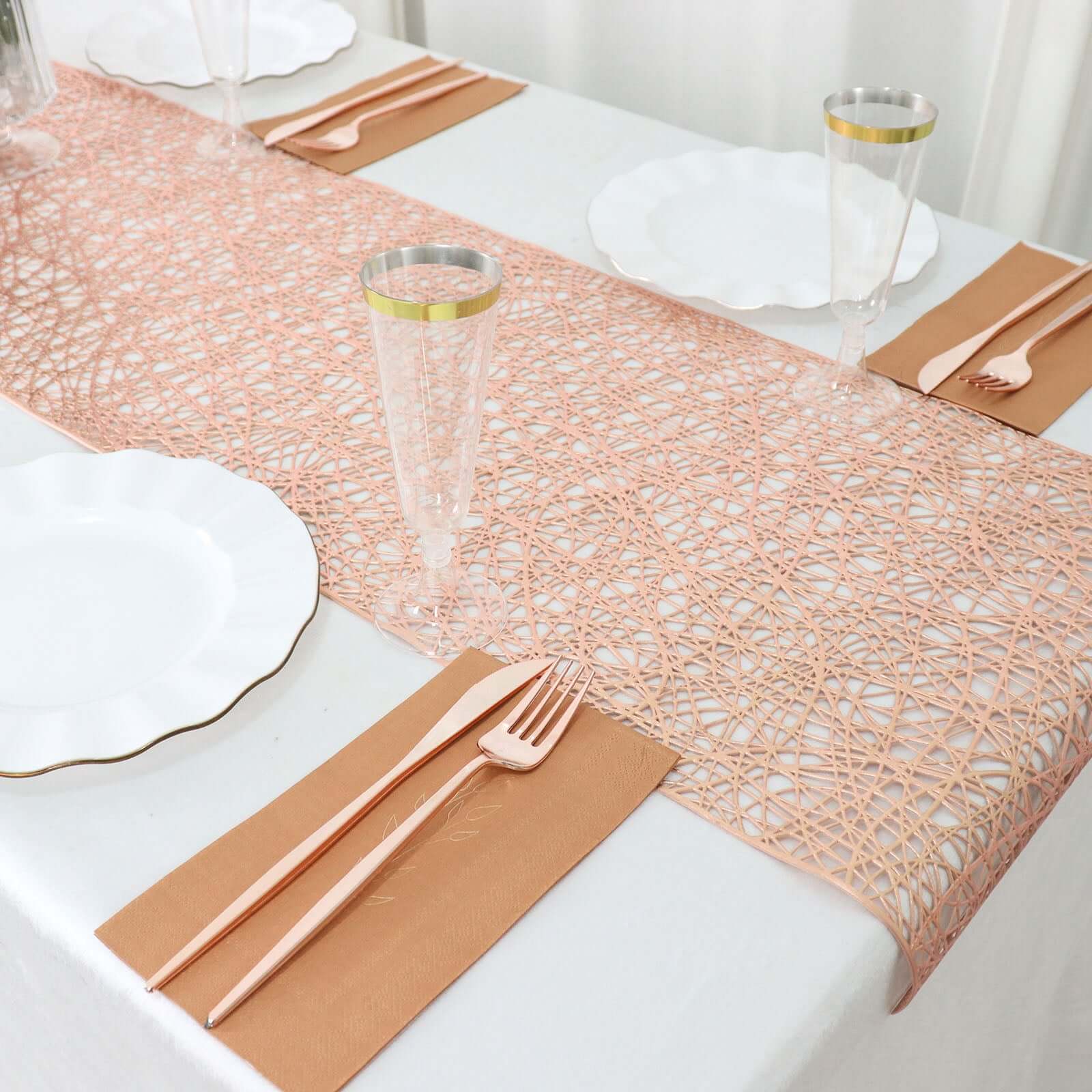 Plastic Woven Vinyl 13"x6ft Table Runner Metallic Rose Gold - Non-Slip & Reversible Tabletop Decor