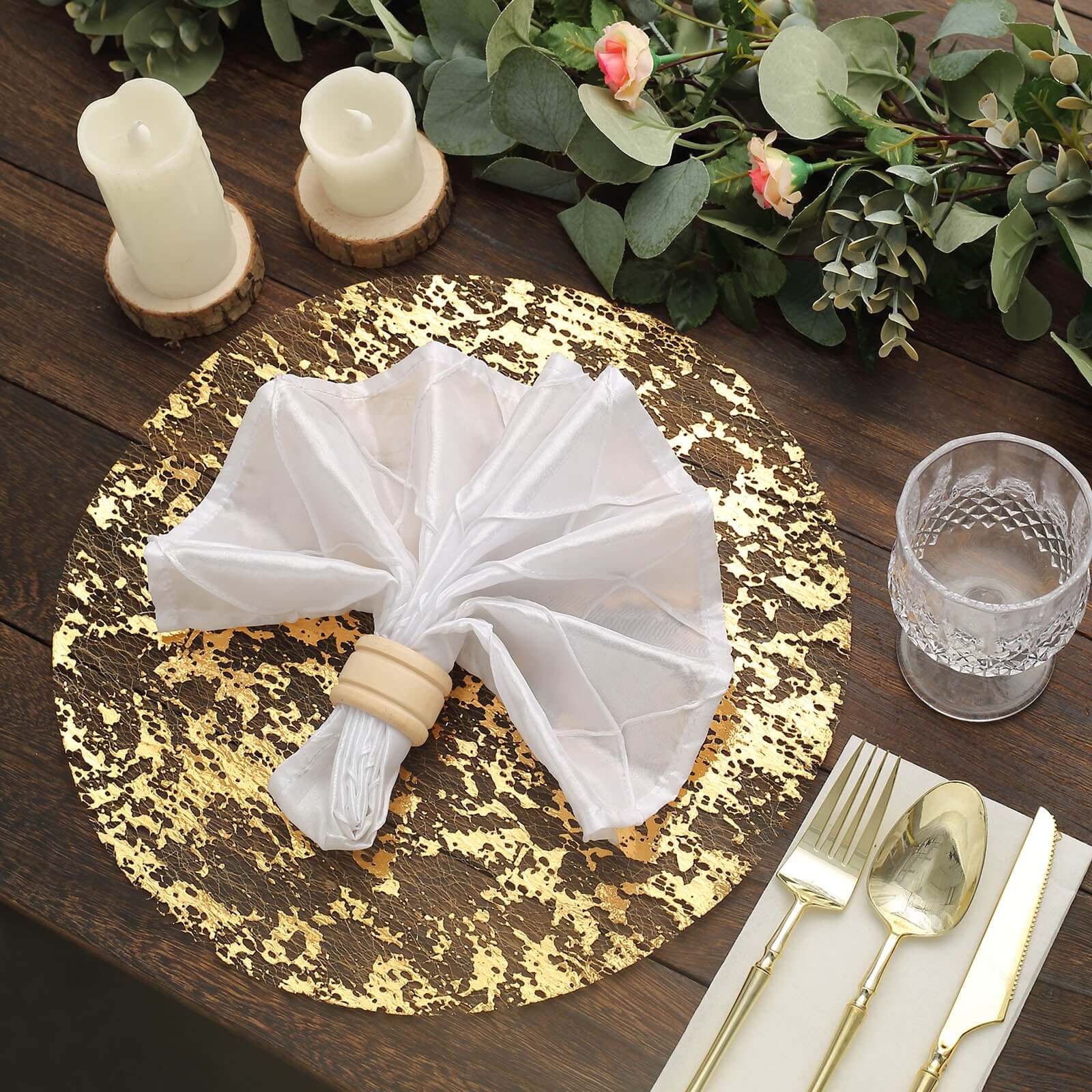 10-Pack Table Placemats Foil Design Metallic Gold Round - Mesh Disposable Shiny Dining Mats 13"