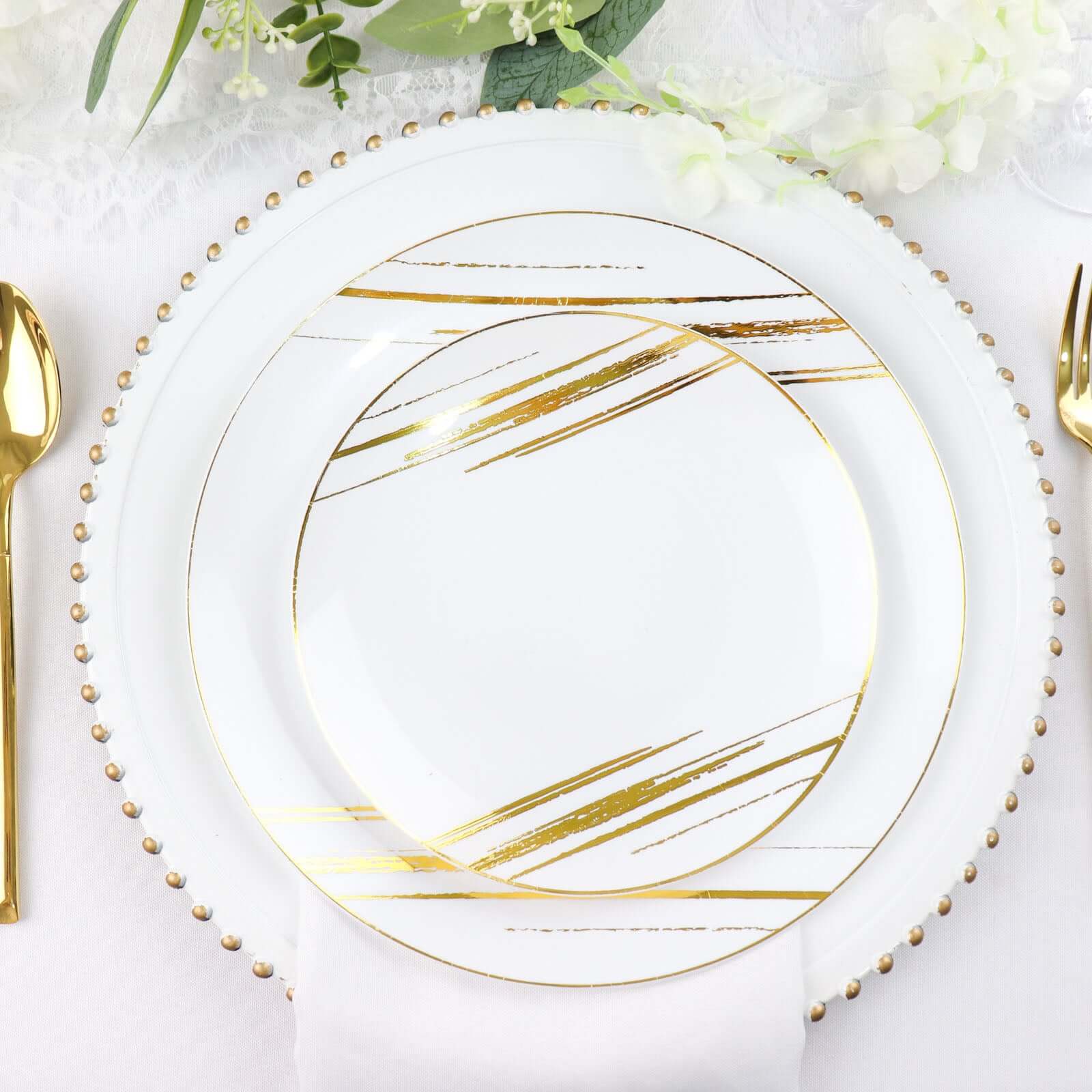 10-Pack Plastic 7" Round Dessert Plates in White with Gold Brush Stroked Print - Disposable Appetizer Salad Plates