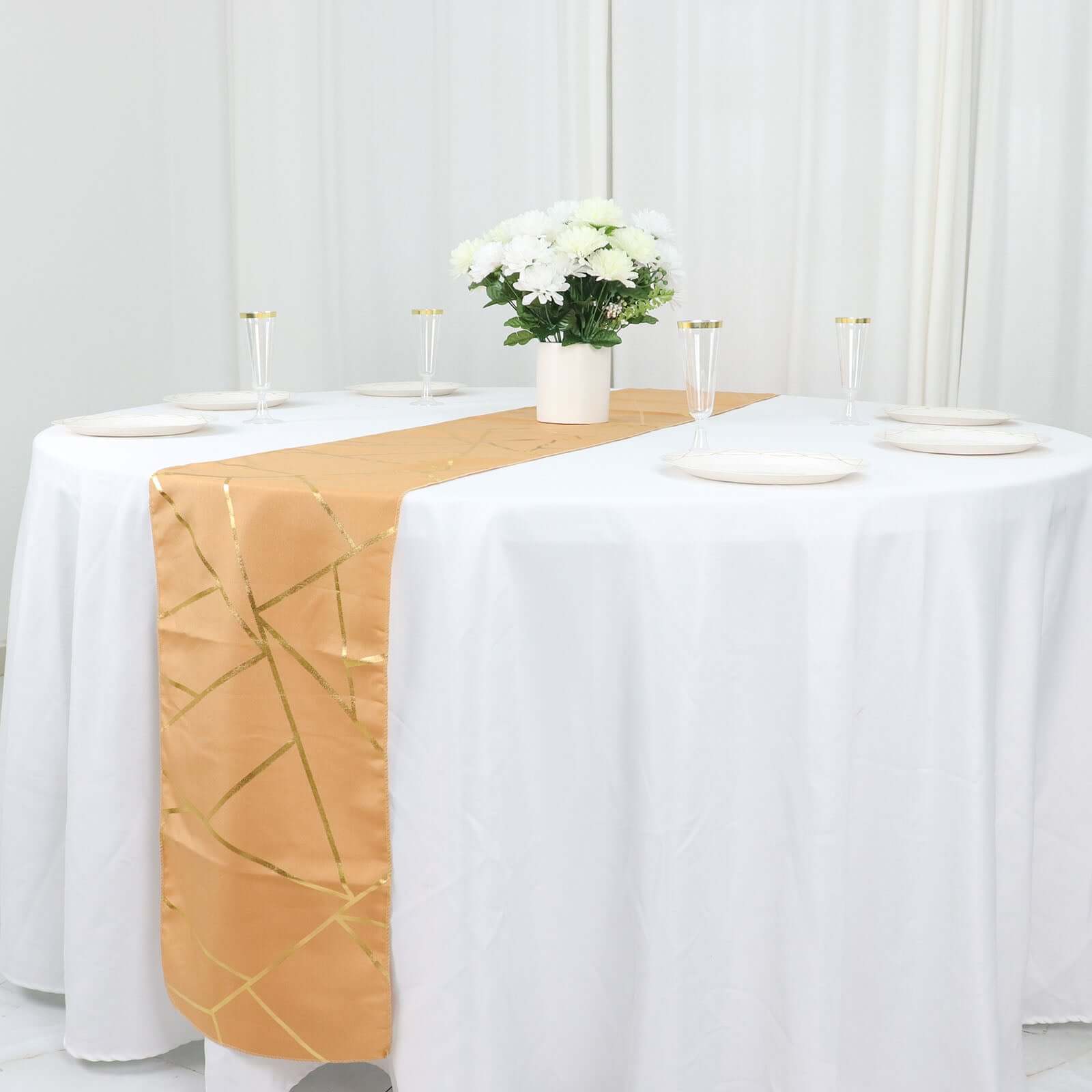 Polyester 9ft Table Runner Gold with Gold Foil Geometric Pattern - Modern & Stylish Table Decor