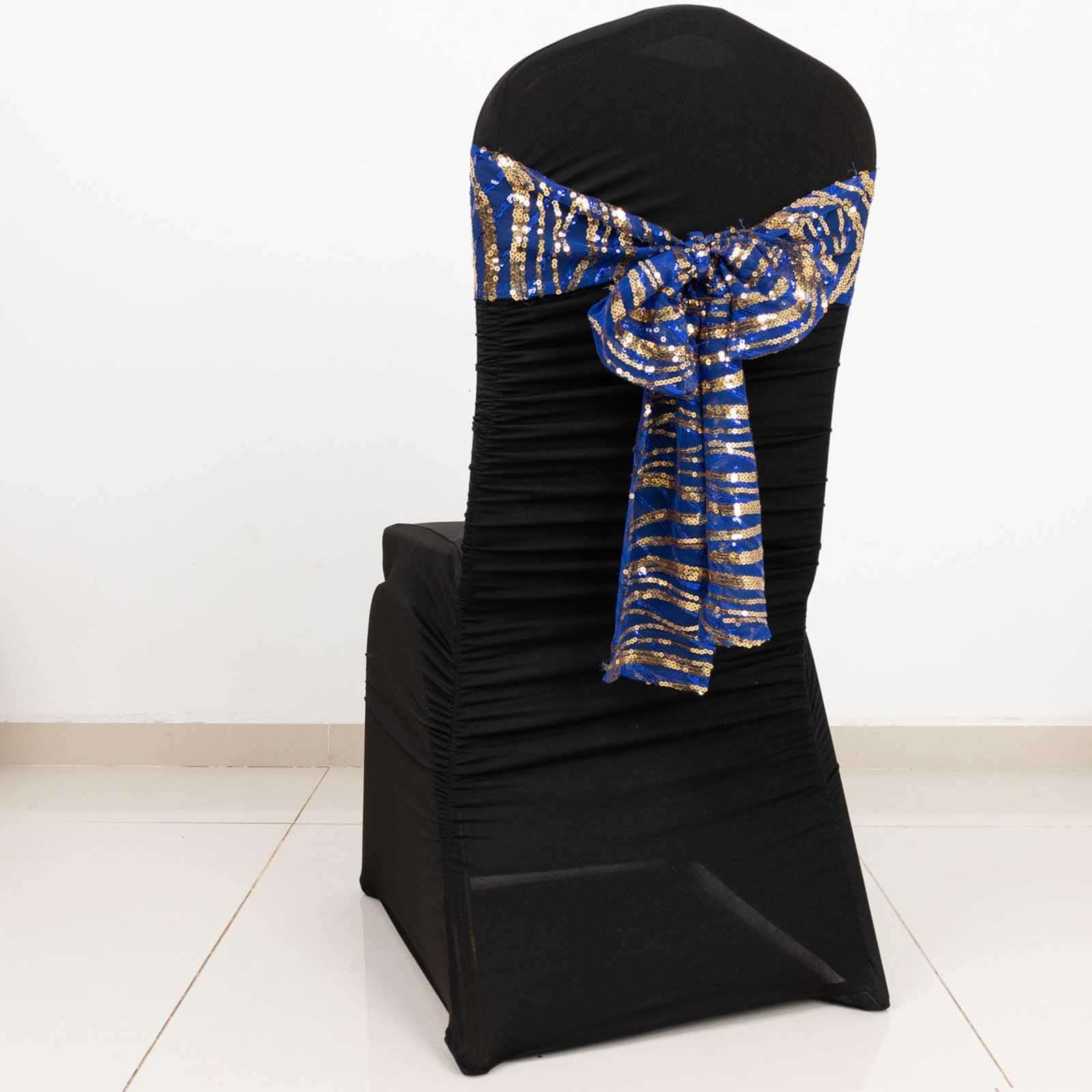 5 Pack Chair Sashes with Wave Embroidered Sequins Royal Blue/Gold 6"x88"