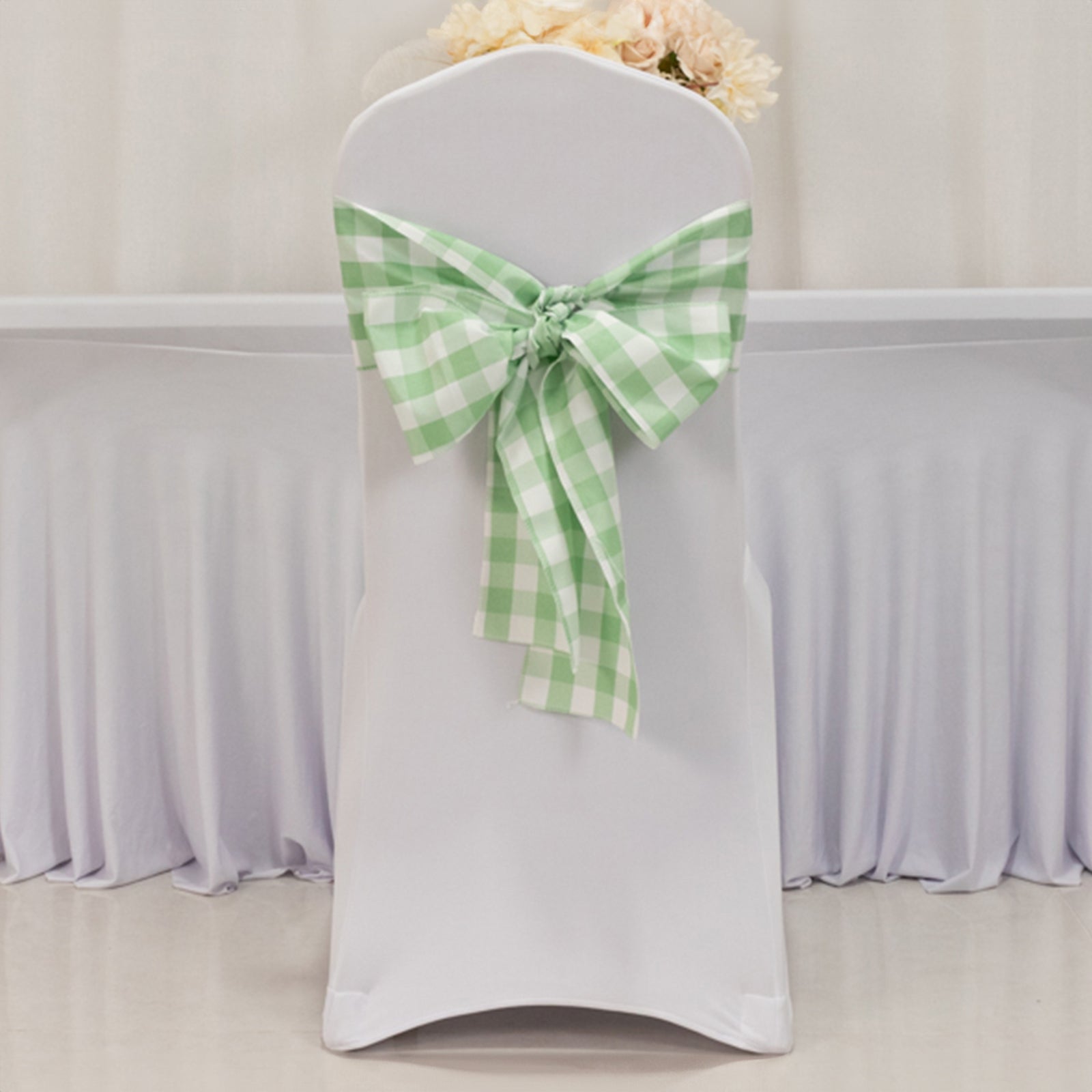 5 Pack Polyester Chair Sashes Sage Green/White Buffalo Plaid - Durable & Reusable Chair Bows 6"x108"